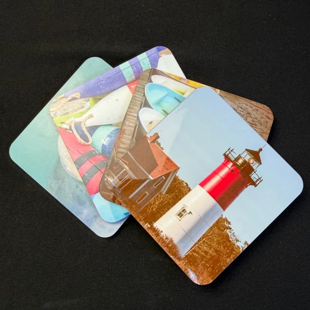 Nautical Cork Coasters Set 4 Lighthouse Seal Boat Buoy Coastal Beach House Decor